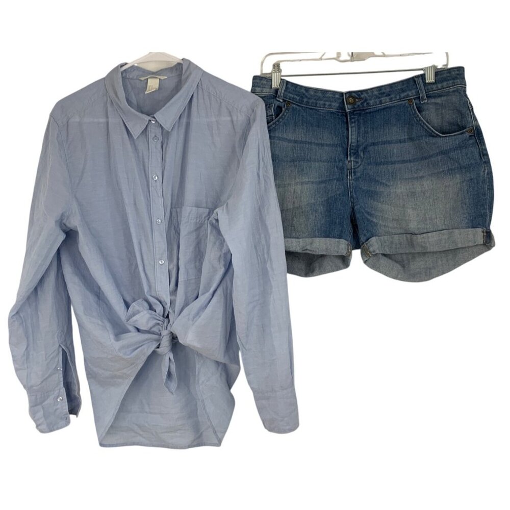 Summer Lot of 2 Button-Up Shirt & Denim Shorts Set Size 14  F&F H&M RAA10443